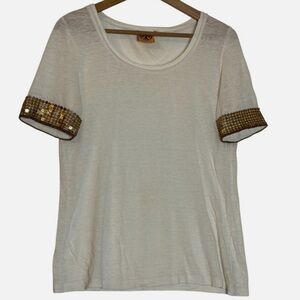 Tory Burch Linen T-Shirt Sm Short Sleeve Bronze / Copper Sequin Embellishments